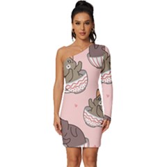 Seamless Pattern Adorable Cat Inside Cup Long Sleeve One Shoulder Mini Dress by Simbadda