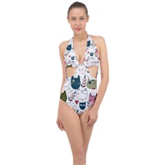 Pattern With Cute Cat Heads Halter Front Plunge Swimsuit by Simbadda