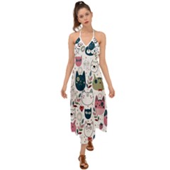 Pattern With Cute Cat Heads Halter Tie Back Dress  by Simbadda