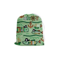 Seamless Pattern Fishes Pirates Cartoon Drawstring Pouch (medium) by Simbadda
