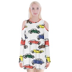 Cars Pattern Velvet Long Sleeve Shoulder Cutout Dress by Simbadda