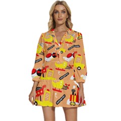 Seamless Pattern Cartoon With Transportation Vehicles V-neck Placket Mini Dress by Simbadda