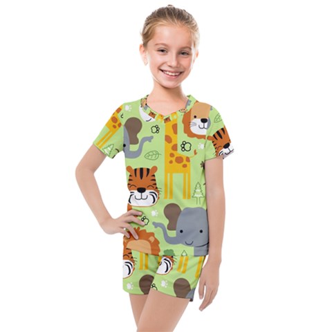 Seamless Pattern Vector With Animals Wildlife Cartoon Kids  Mesh Tee And Shorts Set by Simbadda