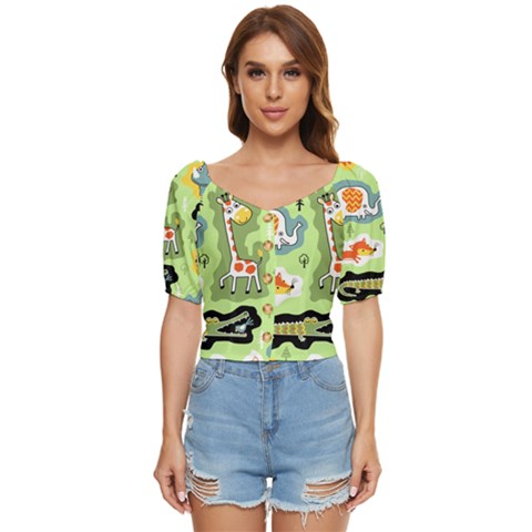 Seamless-pattern-with-wildlife-animals-cartoon Button Up Blouse by Simbadda