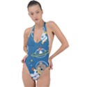 Seamless-pattern-funny-astronaut-outer-space-transportation Backless Halter One Piece Swimsuit View1