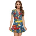 Seamless Pattern Vehicles Cartoon With Funny Drivers V-Neck High Waist Chiffon Mini Dress View1