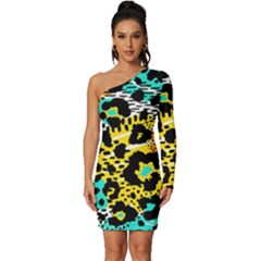 Seamless Leopard Wild Pattern Animal Print Long Sleeve One Shoulder Mini Dress by Simbadda