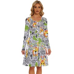 Seamless Pattern With Wildlife Cartoon Long Sleeve Dress With Pocket by Simbadda