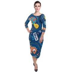 Seamless Pattern Vector Submarine With Sea Animals Cartoon Quarter Sleeve Midi Velour Bodycon Dress by Simbadda