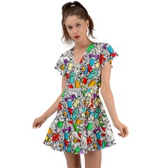 Graffiti Characters Seamless Pattern Flutter Sleeve Wrap Dress by Simbadda