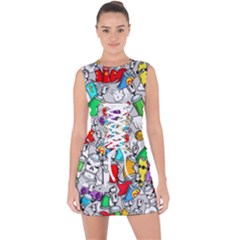Graffiti Characters Seamless Pattern Lace Up Front Bodycon Dress by Simbadda