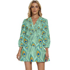 Lovely Peacock Feather Pattern With Flat Design V-neck Placket Mini Dress by Simbadda