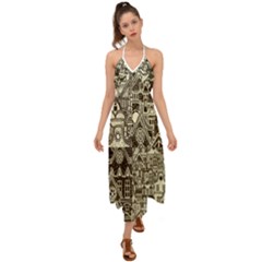 Four Hand Drawn City Patterns Halter Tie Back Dress  by Simbadda