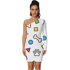 Dog Paw Seamless Pattern Foot Print Bone Long Sleeve One Shoulder Mini Dress by Simbadda