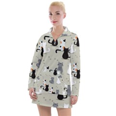 Cute Cat Seamless Pattern Women s Long Sleeve Casual Dress by Simbadda