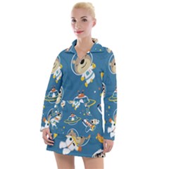 Seamless-pattern-funny-astronaut-outer-space-transportation Women s Long Sleeve Casual Dress by Simbadda