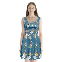 Seamless-pattern-funny-astronaut-outer-space-transportation Split Back Mini Dress  by Simbadda