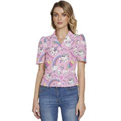 Beautiful-cute-animals-pattern-pink Puffed Short Sleeve Button Up Jacket