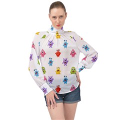 Seamless-pattern-cute-funny-monster-cartoon-isolated-white-background High Neck Long Sleeve Chiffon Top by Simbadda