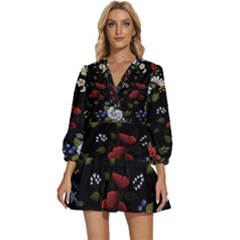 Floral-folk-fashion-ornamental-embroidery-pattern V-neck Placket Mini Dress by Simbadda