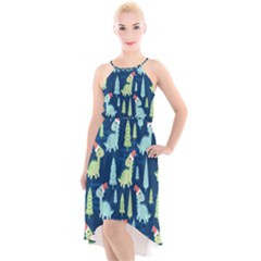 Cute-dinosaurs-animal-seamless-pattern-doodle-dino-winter-theme High-low Halter Chiffon Dress  by Simbadda