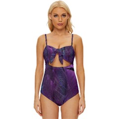 Feather Pattern Texture Form Knot Front One-piece Swimsuit by Grandong