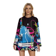 Sneakers Shoes Patterns Bright Round Neck Long Sleeve Bohemian Style Chiffon Mini Dress by Proyonanggan
