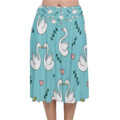 Elegant Swan Pattern Design Velvet Flared Midi Skirt by Bangk1t