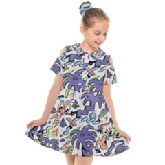 Purple Orange Green Blue Cartoon Kids  Short Sleeve Shirt Dress by Bangk1t