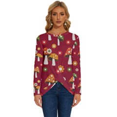 Woodland Mushroom And Daisy Seamless Pattern On Red Backgrounds Long Sleeve Crew Neck Pullover Top by Amaryn4rt