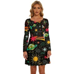 Seamless Pattern Space Long Sleeve Wide Neck Velvet Dress by Amaryn4rt