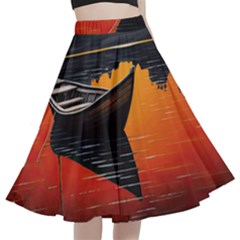 Boat Sunset Lake Water Nature A-line Full Circle Midi Skirt With Pocket by Ravend