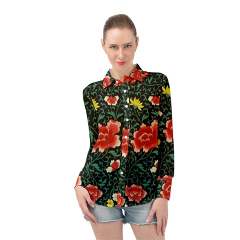 Background Vintage Japanese Design Long Sleeve Chiffon Shirt by Grandong