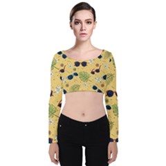 Seamless Pattern Of Sunglasses Tropical Leaves And Flower Velvet Long Sleeve Crop Top by Grandong