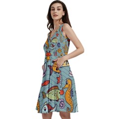 Cartoon Underwater Seamless Pattern With Crab Fish Seahorse Coral Marine Elements Sleeveless V-neck Skater Dress With Pockets by Grandong