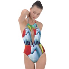Unicorn Design Plunge Cut Halter Swimsuit by Trending