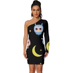Cute-owl-doodles-with-moon-star-seamless-pattern Long Sleeve One Shoulder Mini Dress by pakminggu