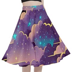 Fluffy Clouds Night Sky A-line Full Circle Midi Skirt With Pocket by uniart180623