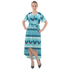 Blue Christmas Vintage Ethnic Seamless Pattern Front Wrap High Low Dress by Bedest