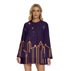 Skyscraper Town Urban Towers Round Neck Long Sleeve Bohemian Style Chiffon Mini Dress by pakminggu