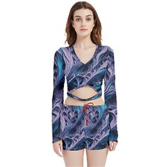 Abstract Trims Velvet Wrap Crop Top And Shorts Set by pakminggu