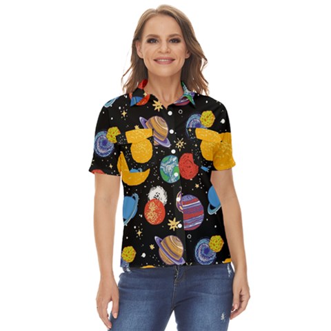 Circle Illustration Space Art Cute Pattern Women s Short Sleeve Double Pocket Shirt by pakminggu