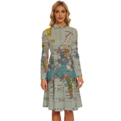 Vintage World Map Long Sleeve Shirt Collar A-line Dress by Cowasu
