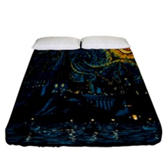 Castle Starry Night Van Gogh Parody Fitted Sheet (california King Size) by Sarkoni