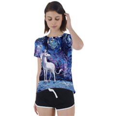 Unicorn Starry Night Print Van Gogh Short Sleeve Open Back T-shirt by Sarkoni