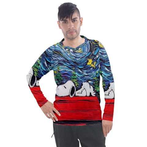 Dog Cartoon Vincent Van Gogh s Starry Night Parody Men s Pique Long Sleeve T-shirt by Sarkoni