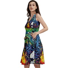 Dog Cartoon Starry Night Print Van Gogh Parody Sleeveless V-neck Skater Dress With Pockets by Sarkoni