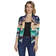 Tree Wave Ocean Women s Draped Front 3/4 Sleeve Shawl Collar Jacket by Bangk1t