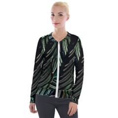 Calathea Leaves Strippe Line Velvet Zip Up Jacket by Ravend