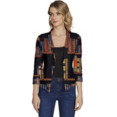 Assorted Title Of Books Piled In The Shelves Assorted Book Lot Inside The Wooden Shelf Women s Casual 3/4 Sleeve Spring Jacket by Ravend